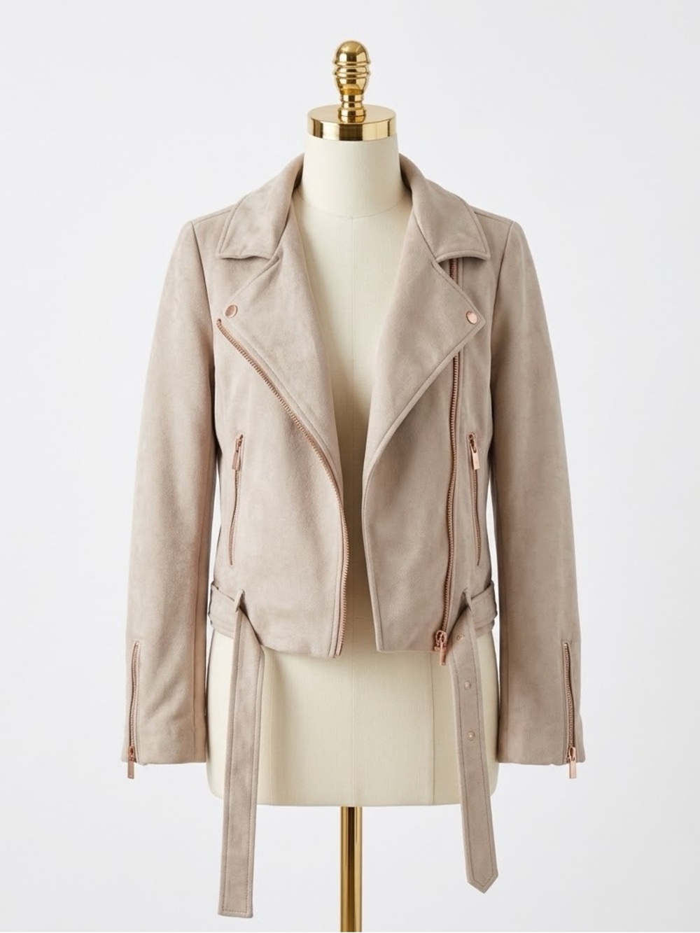 LC Lauren Conrad Faux Suede Moto Biker Jacket Rose Gold Belted Blush Pink 10